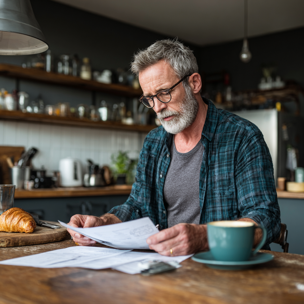 Middle-aged adult reviewing meal planning materials on kitchen table