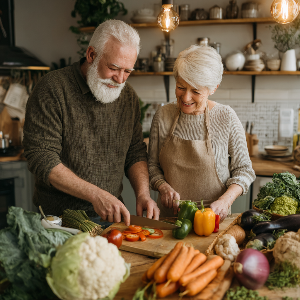 Older adults preparing fresh vegetables together in bright kitchen